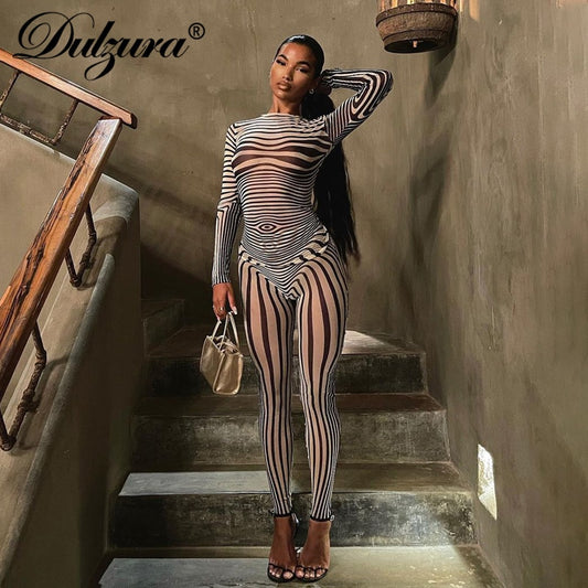 Dulzura  Stripe Zebra Print Mesh 2 Piece See Through Sheer Outfit