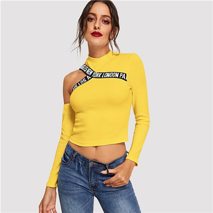 Yellow Cut Out Shoulder Letter Tape Tee Asymmetrical Neck