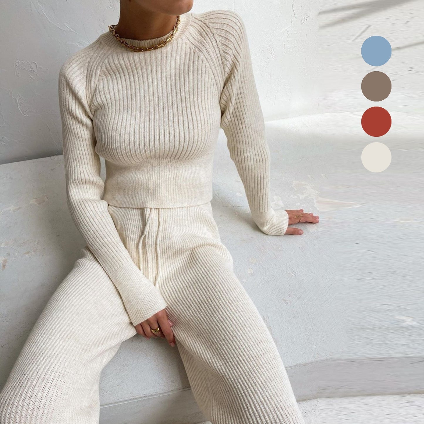 Knitted Top and Pant Two Piece Loungewear Matching Set