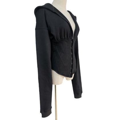 Thin Slim Hooded Long Sleeve Waist Black Sweater