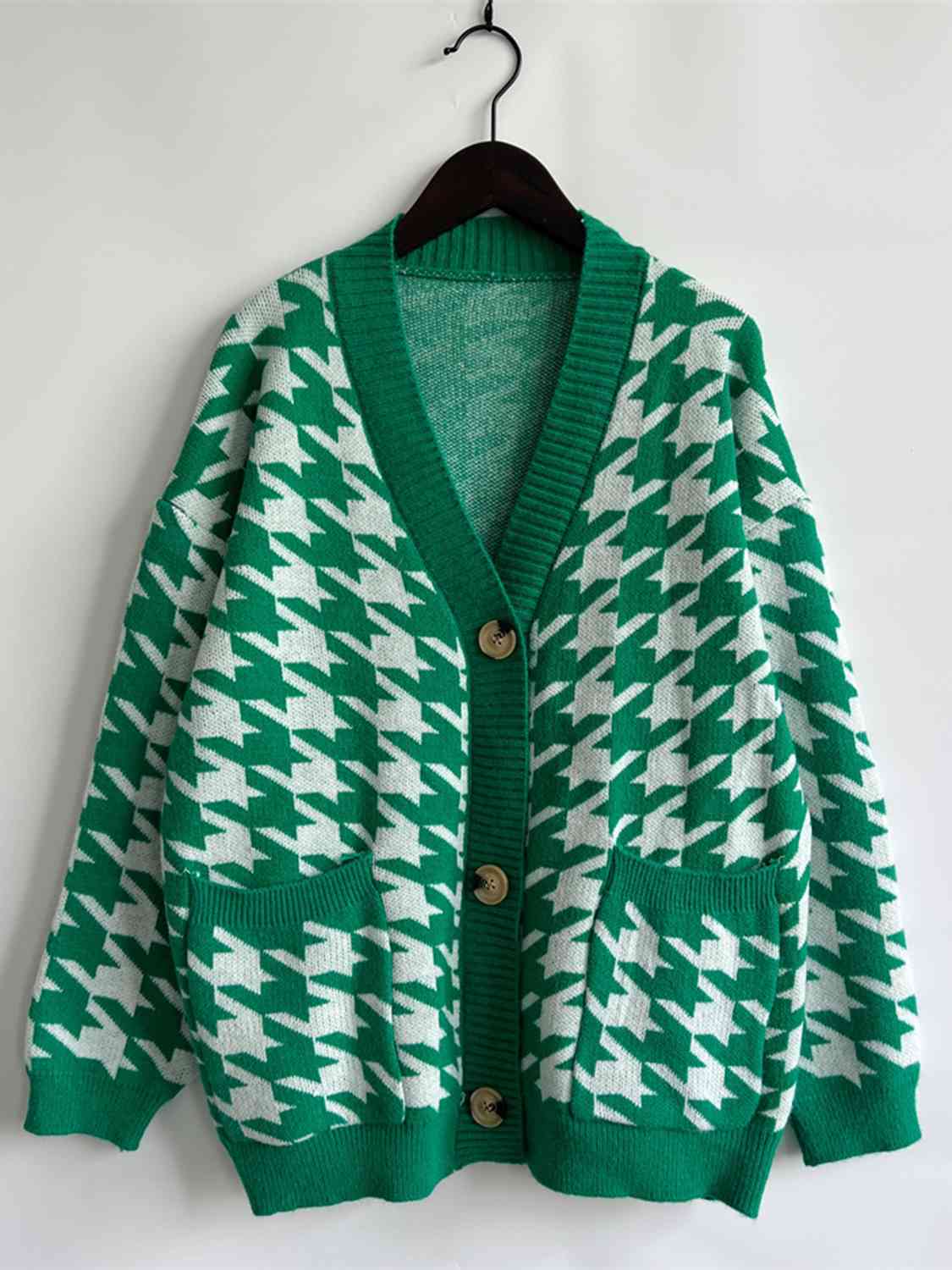 Houndstooth Botton Front  Cardigan with Pockets