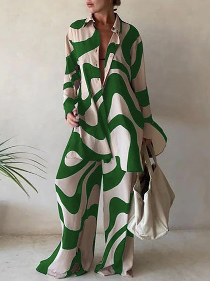 Turn-Down Collar Button Matching Wide Leg Pants Suit