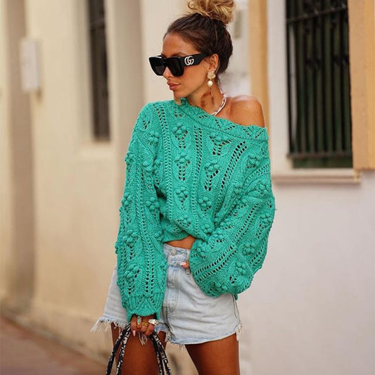 Pompoms Hollow Out Knitted Pullover Sweater