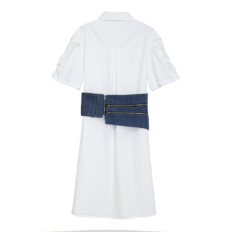 Women White Ruffle Sash Long Shirt Dress