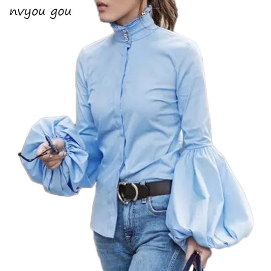 Lantern Sleeve Blue Button Down Blouse