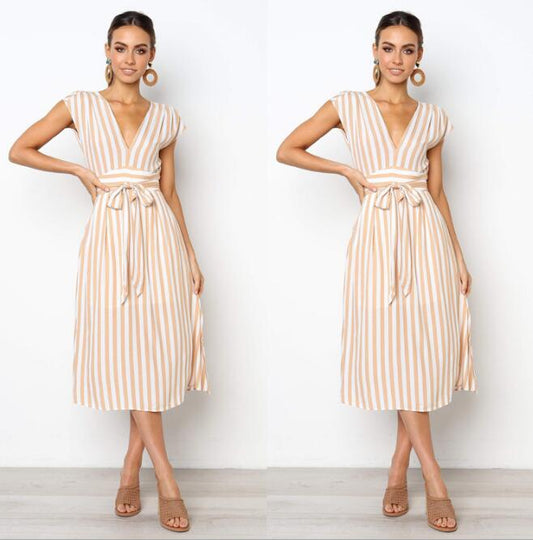 Casual Stripe Printing Off Shoulder Sleeveless Dress