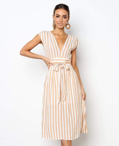 Casual Stripe Printing Off Shoulder Sleeveless Dress
