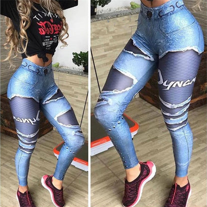 3D Printed Fake Denim Blue Mesh Leggings