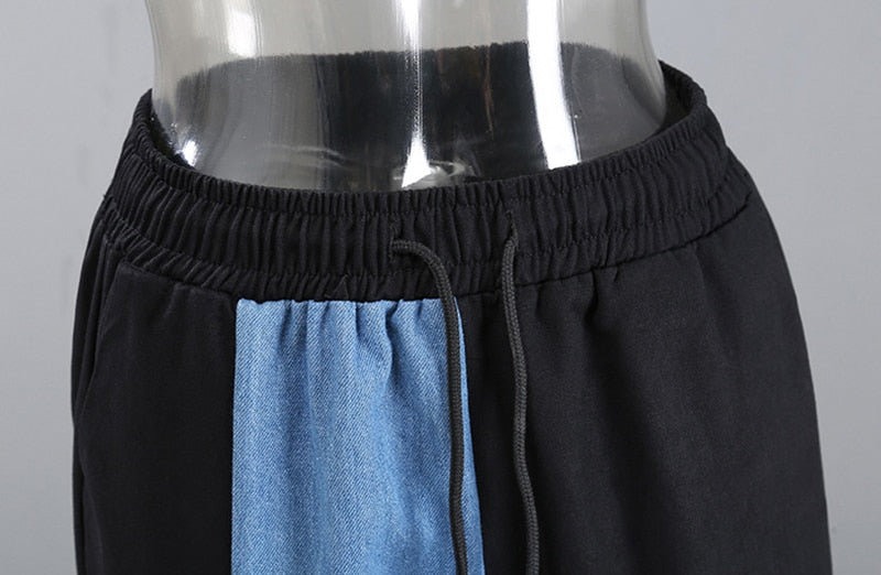 Black Big Pockets Denim Contrast Color High Waist Trousers