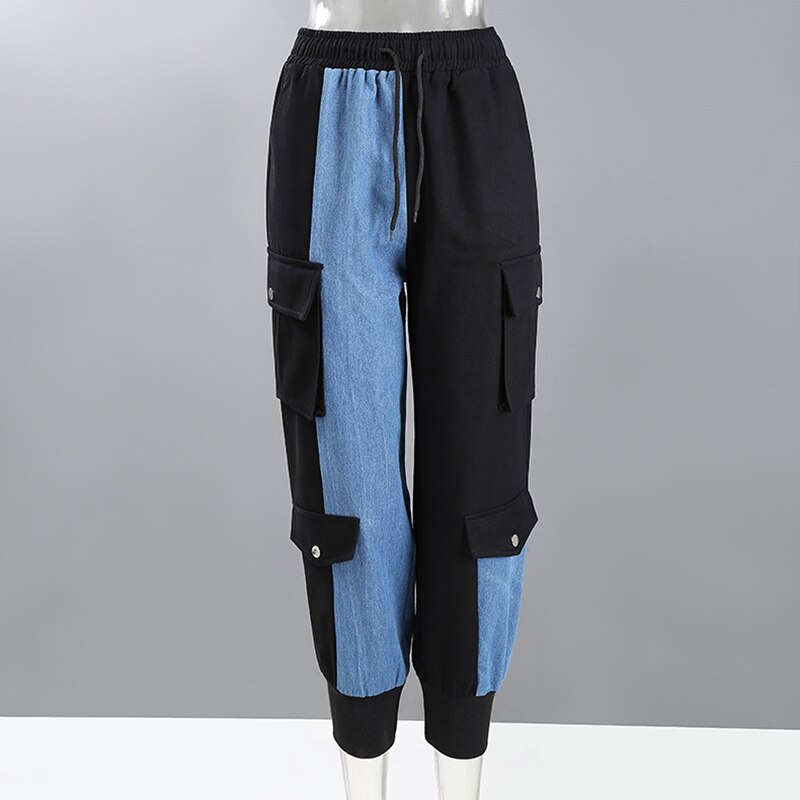 Black Big Pockets Denim Contrast Color High Waist Trousers