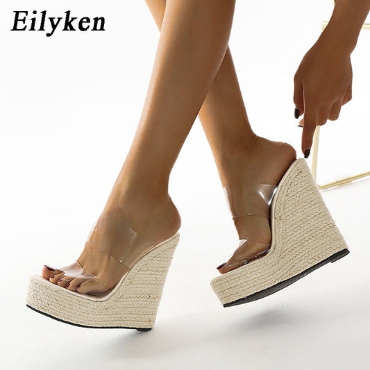 Summer PVC Transparent Peep Toe Cane Straw Weave Platform Wedges