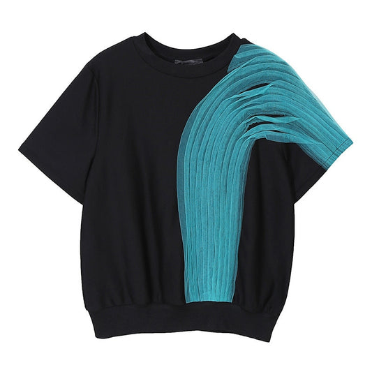 Black Blue Contrast Color Mesh T-shirt