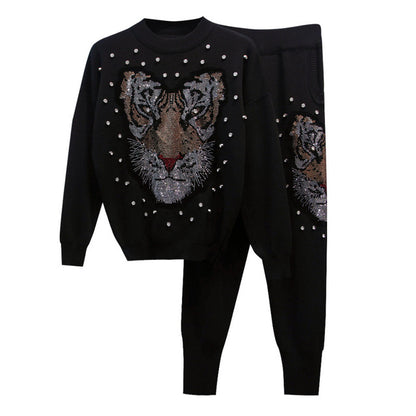 Tiger Head Beaded Knit Two Piece Suit