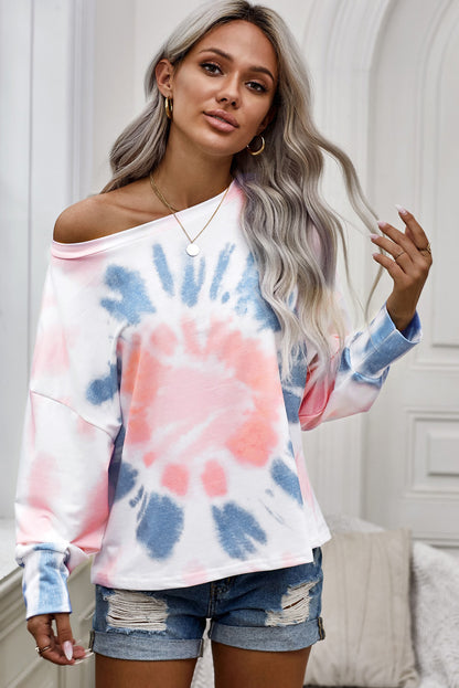 Tie-Dye Boat Neck Batwing Sleeve Tee