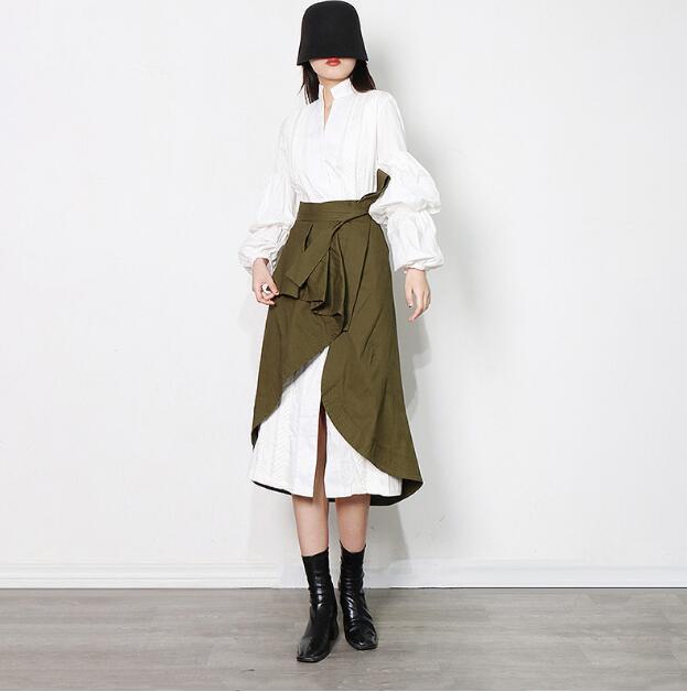 Two-Piece Suit Simple Long Shirt Skirt + Army Green Wrap Skirt