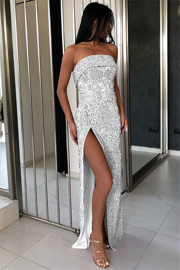 Sexy Strapless Shiny Glitter Bodycon Backless Maxi Dress
