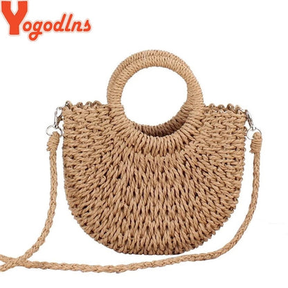 Yogodlns Handmade Half-Round Rattan Woven Straw Bag