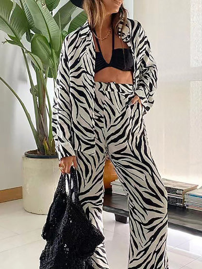 Turn-Down Collar Button Matching Wide Leg Pants Suit