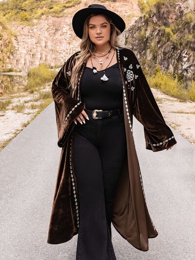 Plus Size Embroidery Open Front Long Sleeve Cardigan