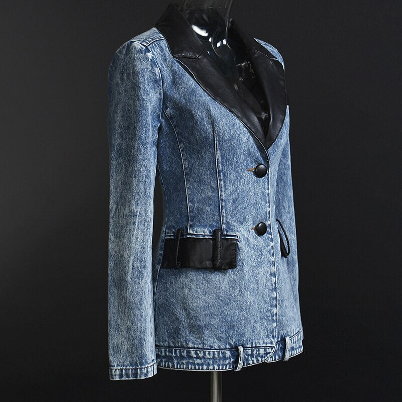 Denim Patchwork PU Blazer