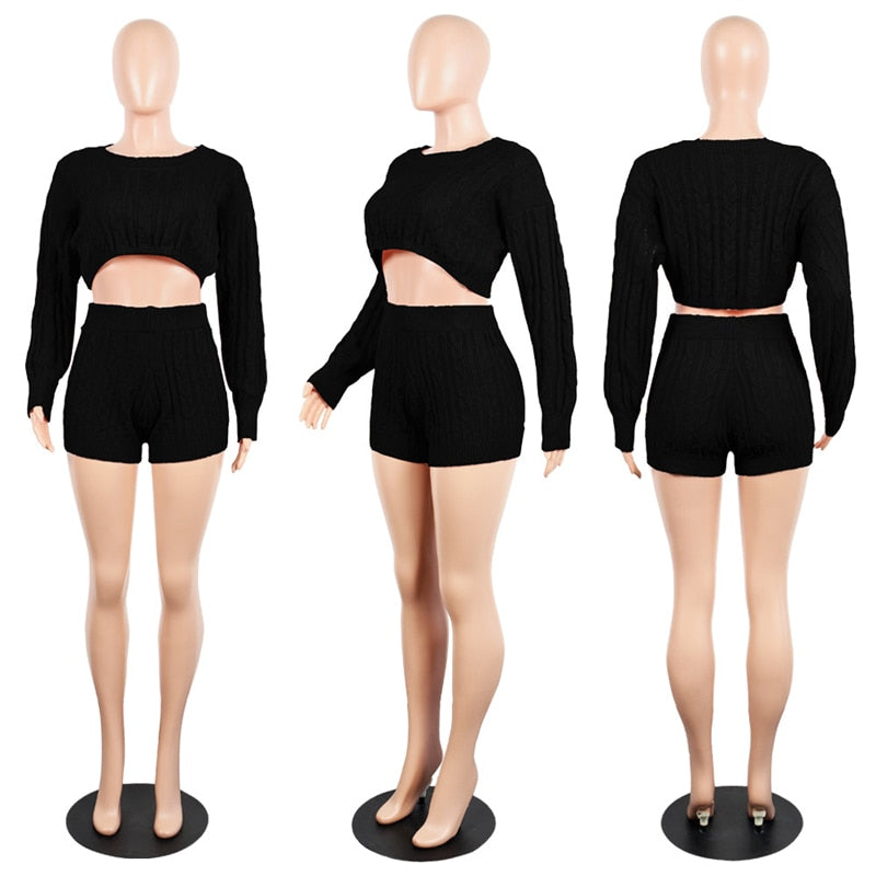 Knitted Two Piece Loose Crop Top High Waist Shorts Set