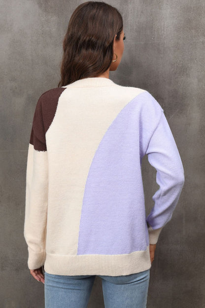 Color Block Ribbed Cuff Drop Shoulder Sweater