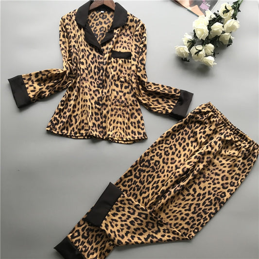 Leopard Silk Long Sleeve Pajamas