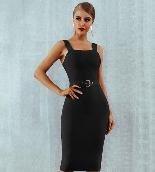 Sexy Spaghetti Strap Belt Midi Bodycon Dress