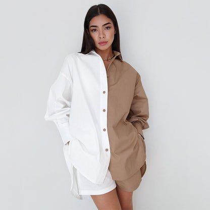 Contrast Color Long Sleeved Shirt Shorts Two Piece Suit