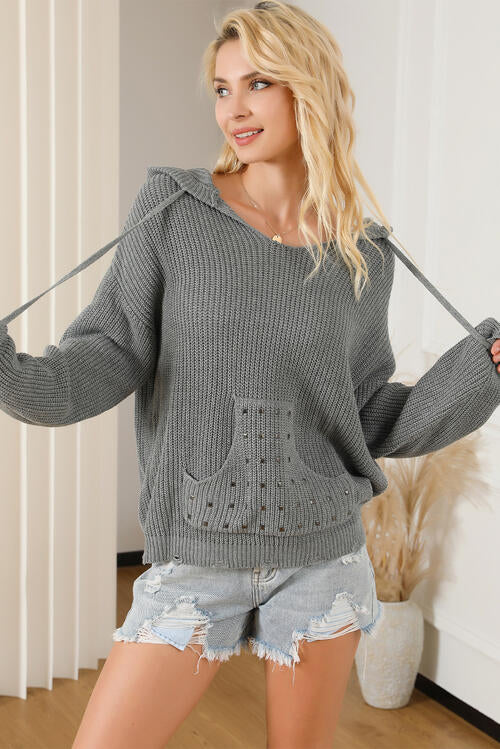 Rivet Drawstring Hooded Long Sleeve Sweater