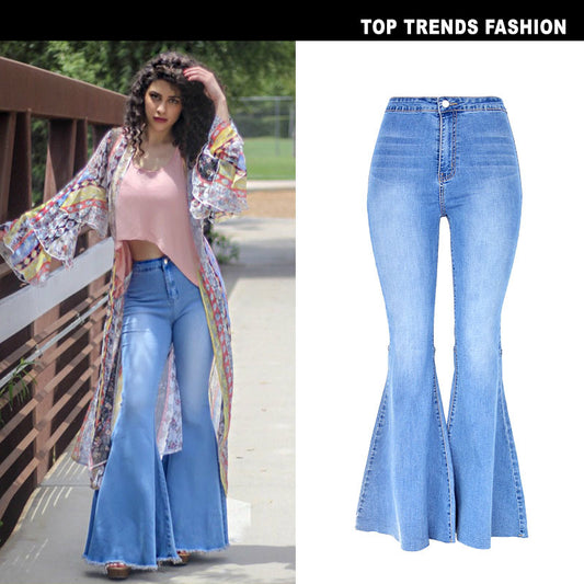 Retro High Waist Elastic Washed Big Flare Denim Pants