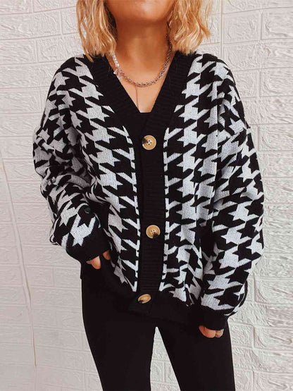Houndstooth Botton Front  Cardigan with Pockets