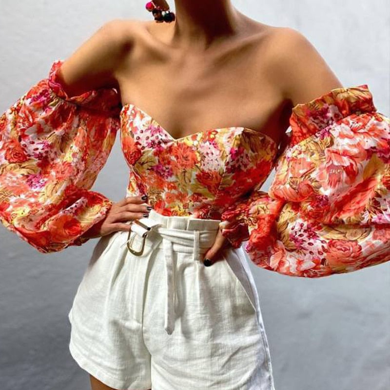 Elegant Floral Print Strapless Chiffon Shirt