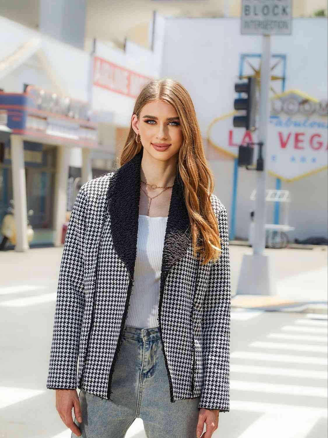 Houndstooth Open Front Long Sleeve Jacket