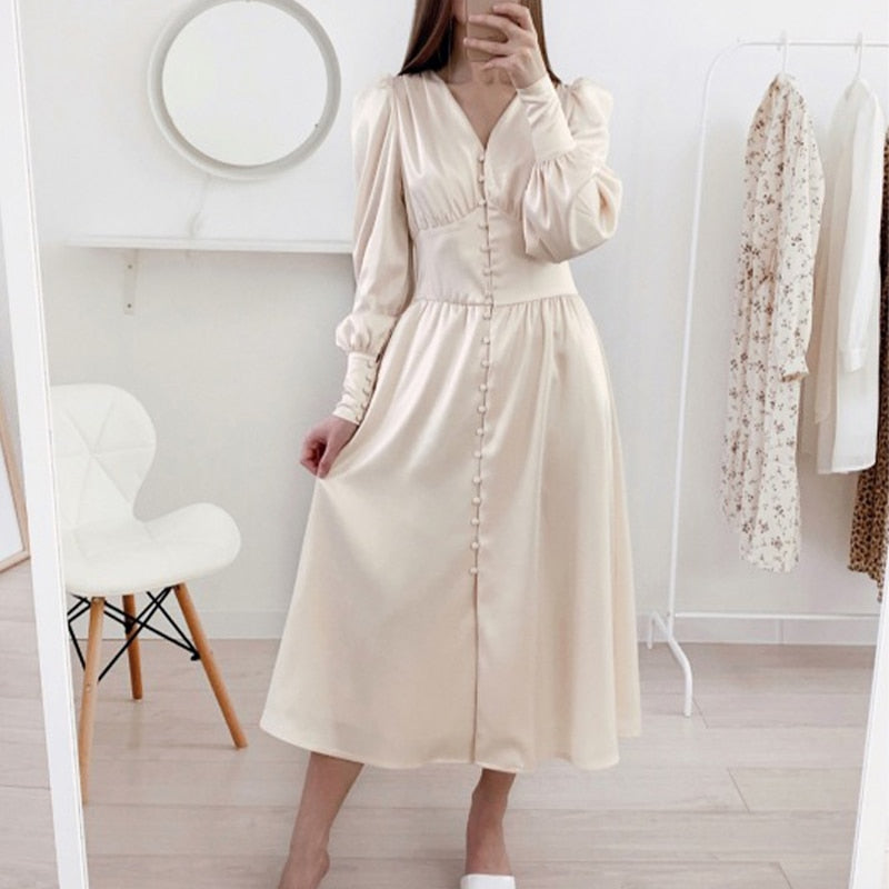 Satin Lantern Sleeve A-Line Slim Elegant Dress
