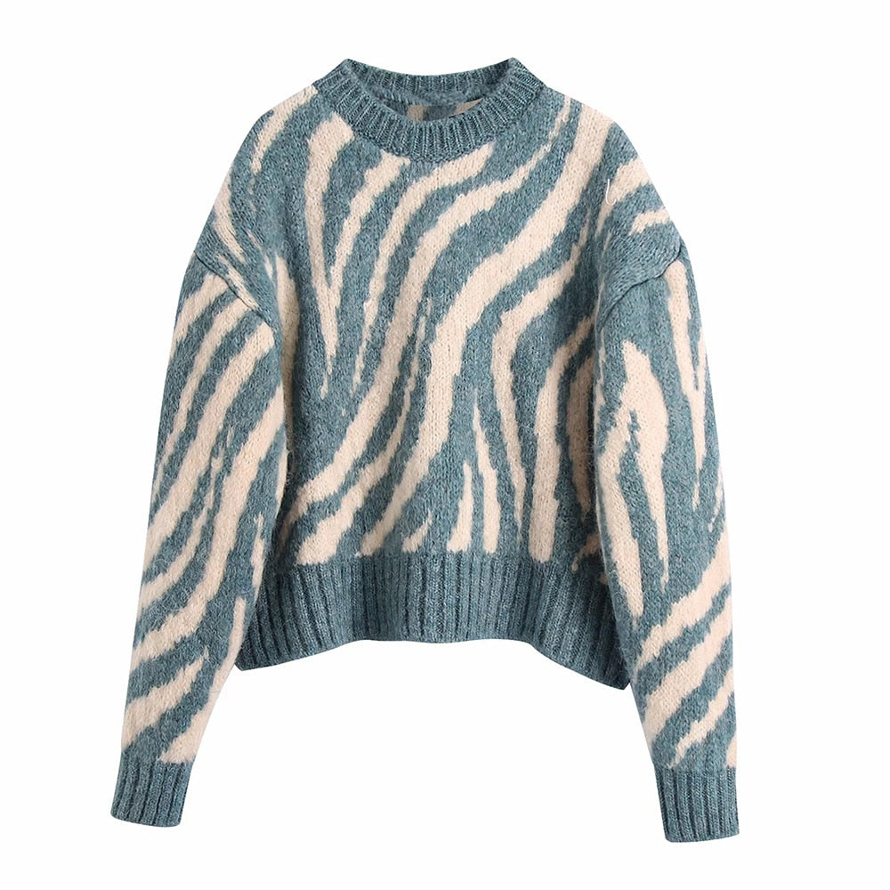 Jacquard Animal Print Loose Crop Knit Sweater