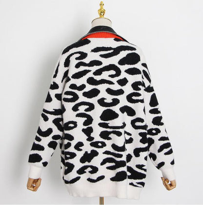 PU Leather Lapel Leopard Print Sweater
