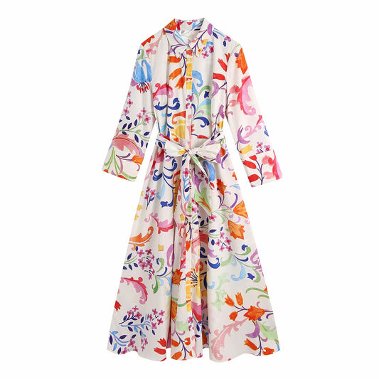 Vintage Totem Floral Print Bow Sash Midi Shirt Dress