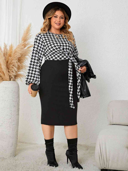 Plus Size Houndstooth Tied Long Sleeve Dress