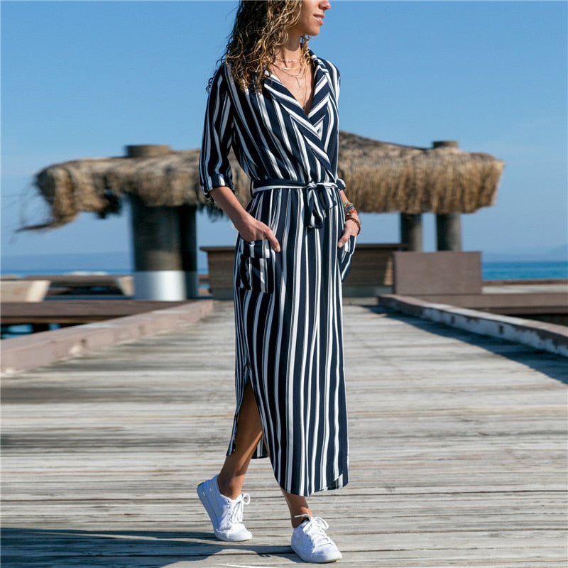 Floral Stripes Long Sleeve V Neck Dress