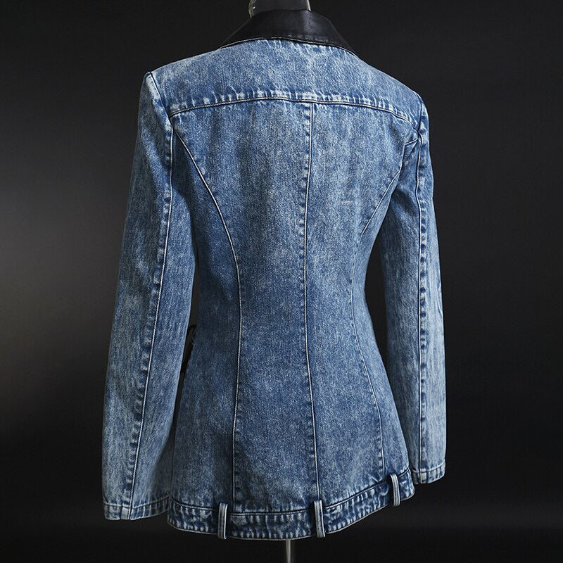 Denim Patchwork PU Blazer