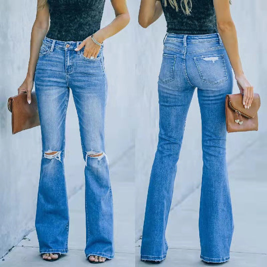 Casual Ripped Mid Waist Washed Flared Jeans