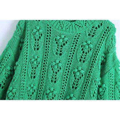 Pompoms Hollow Out Knitted Pullover Sweater