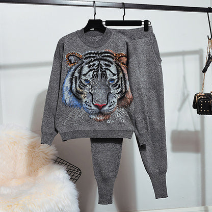 Beaded Tiger Knitted Tracksuit Set