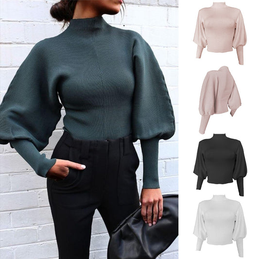 Knitted Lantern Long Sleeve Turtleneck Sweater