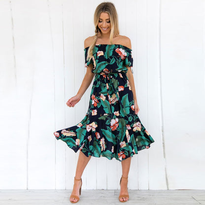 Floral Printed Boho Off Shoulder Short Sleeve Ruffle Party Dress With Belt