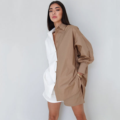 Contrast Color Long Sleeved Shirt Shorts Two Piece Suit