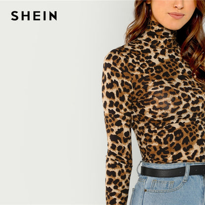 SHEIN Highstreet Office Lady High Neck Leopard Print Fitted Pullovers