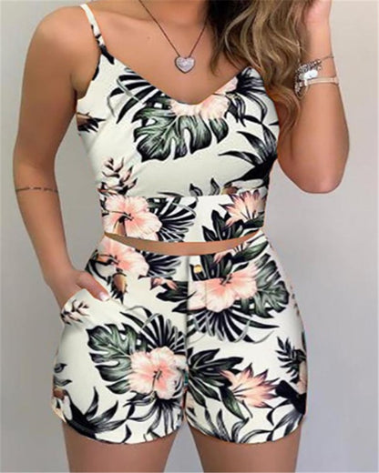 2-piece Outfit Set Sleeveless Print Top and Shorts Set