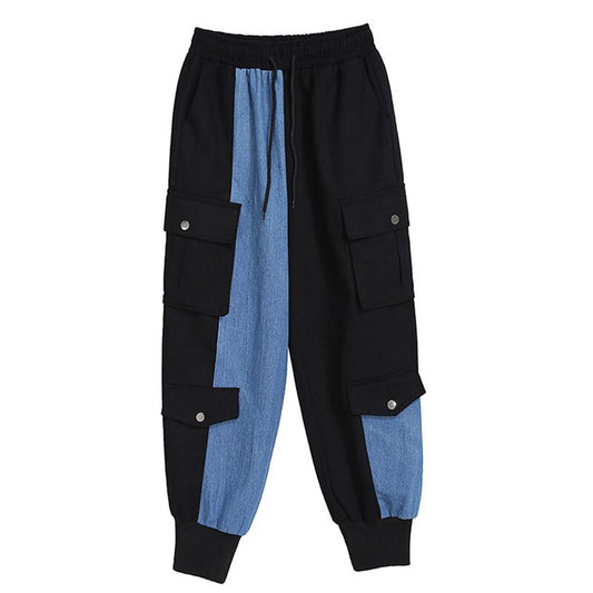 Black Big Pockets Denim Contrast Color High Waist Trousers